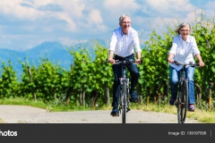 Seniors riding bicycle in vineyard together, panorama picture